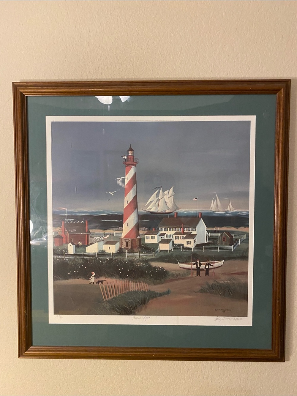 Coastal Lighthouse Art Print in Teal & Red